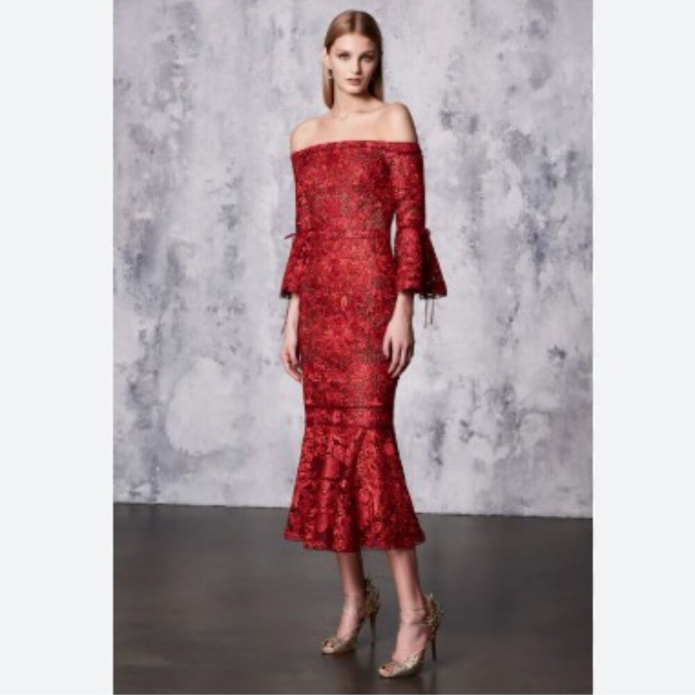 Rare - NWT Marchesa Notte off the Shoulder Lace Midi Length Dress - Size 6
